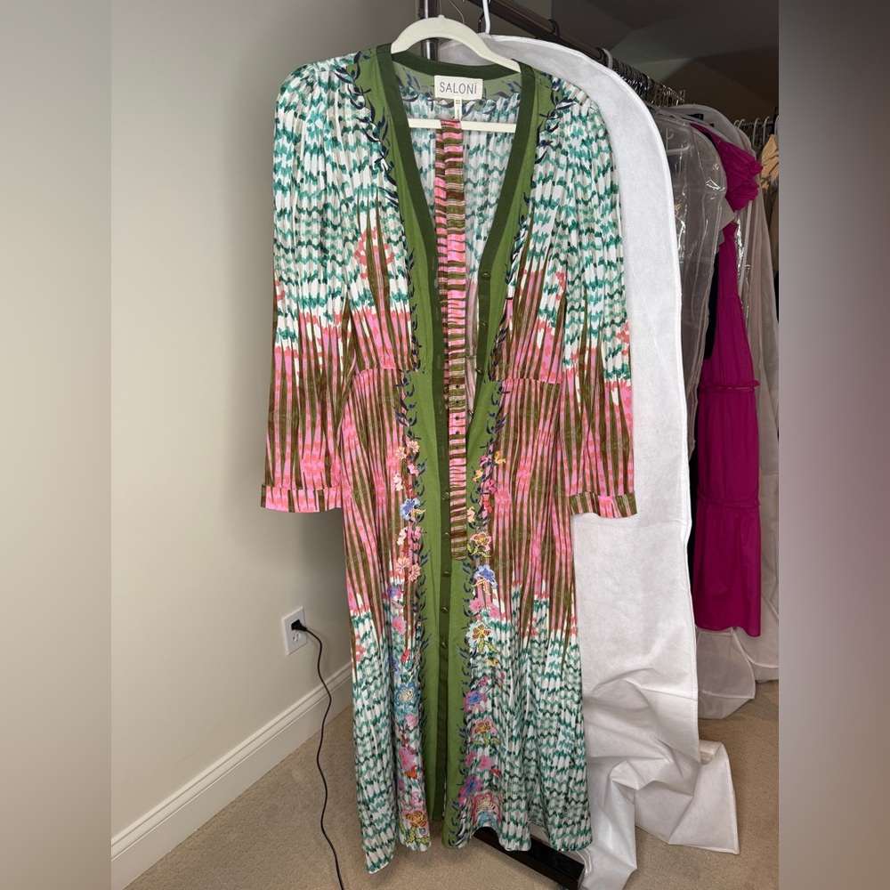 SALONI Lea Dress in Coral Vine Print - 100% silk belted Longsleeve maxi dress